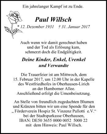 Traueranzeige von Paul Willsch von Wochen-Anzeiger Oberhausen