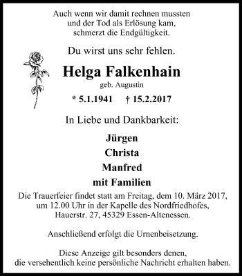 Traueranzeige von Helga Falkenhain von Nord Anzeiger Essen