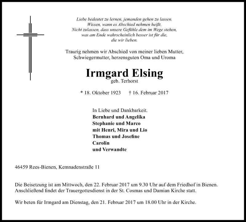  Traueranzeige für Irmgard Elsing vom 18.02.2017 aus Stadtanzeiger Emmerich/Rees/Isselburg