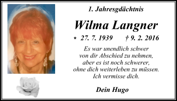 Traueranzeige von Wilma Langner von Wochen-Anzeiger Oberhausen