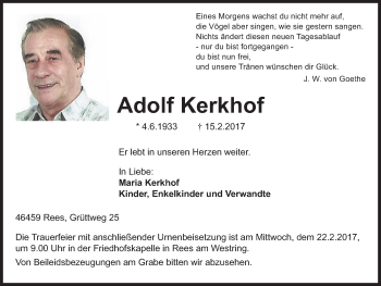 Traueranzeige von Adolf Kerkhof von Stadtanzeiger Emmerich/Rees/Isselburg