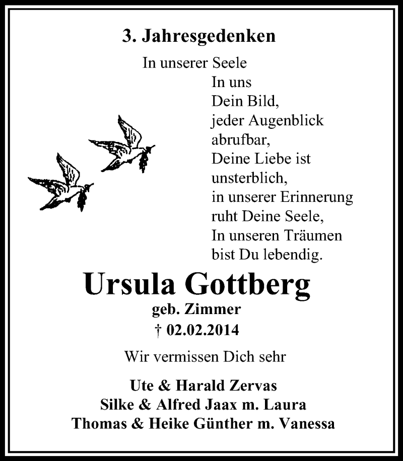  Traueranzeige für Ursula Gottberg vom 04.02.2017 aus Stadtanzeiger Velbert + Heiligenhaus