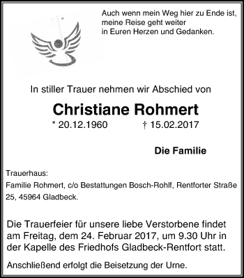 Traueranzeige von Christiane Rohmert von Stadtspiegel Gladbeck