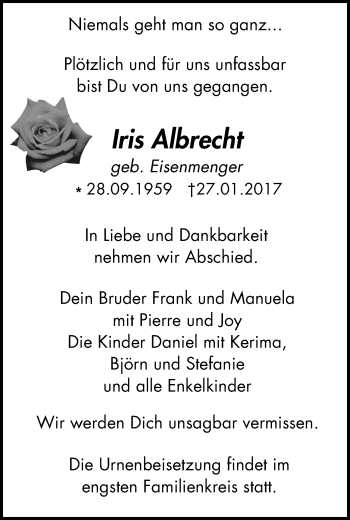 Traueranzeige von Iris Albrecht von Wochenblatt Herne/Wanne-Eickel