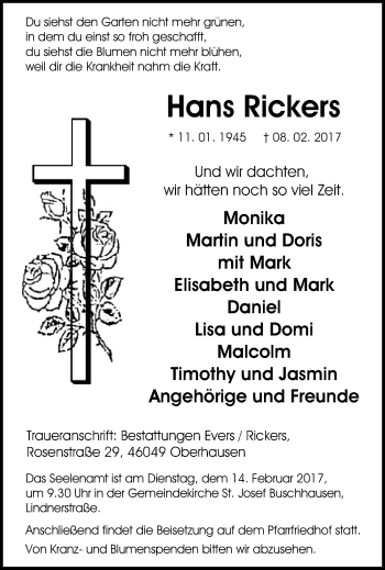 Traueranzeige von Hans Rickers von Wochen-Anzeiger Oberhausen