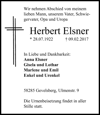 Traueranzeige von Herbert Elsner von Stadtanzeiger Velbert + Heiligenhaus