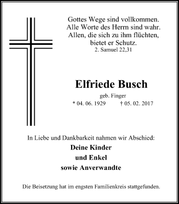 Traueranzeige von Elfriede Busch von Stadtspiegel Bochum