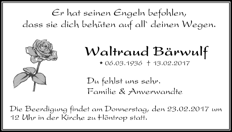  Traueranzeige für Waltraud Bärwulf vom 18.02.2017 aus Stadtspiegel Wattenscheid