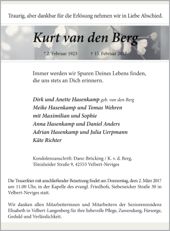 Traueranzeige von Kurt  van den Berg von Stadtanzeiger Velbert + Heiligenhaus