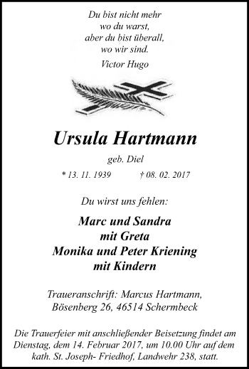 Traueranzeige von Ursula Hartmann von Wochen-Anzeiger Oberhausen