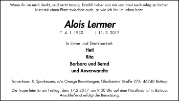 Traueranzeige von Alois Lermer von Stadtspiegel Bottrop