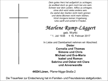 Traueranzeige von Marlene Rump-Lüggert von Lüner Anzeiger