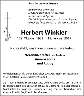 Traueranzeige von Herbert Winkler von Stadtanz.Castrop-Rauxel