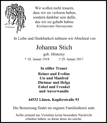 Traueranzeige von Johanna Stich von Lüner Anzeiger