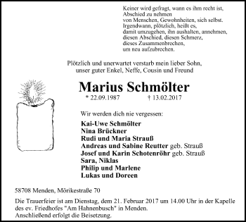 Traueranzeige von Marius Schmölter von Stadtspiegel Menden + Froendenberg