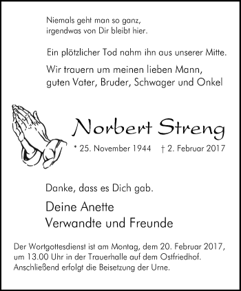 Traueranzeige von Norbert Streng von Stadtspiegel Bottrop