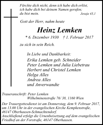 Traueranzeige von Heinz Lemken von Wochen-Anzeiger Oberhausen