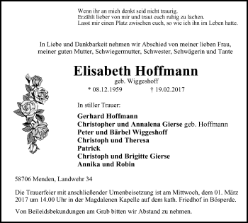 Traueranzeige von Elisabeth Hoffmann von Stadtspiegel Menden + Froendenberg