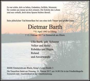 Traueranzeige von Dietmar Barth von Stadtanzeiger Emmerich/Rees/Isselburg