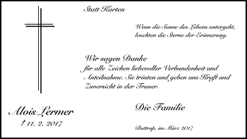 Traueranzeige von Alois Lermer von Stadtspiegel Bottrop