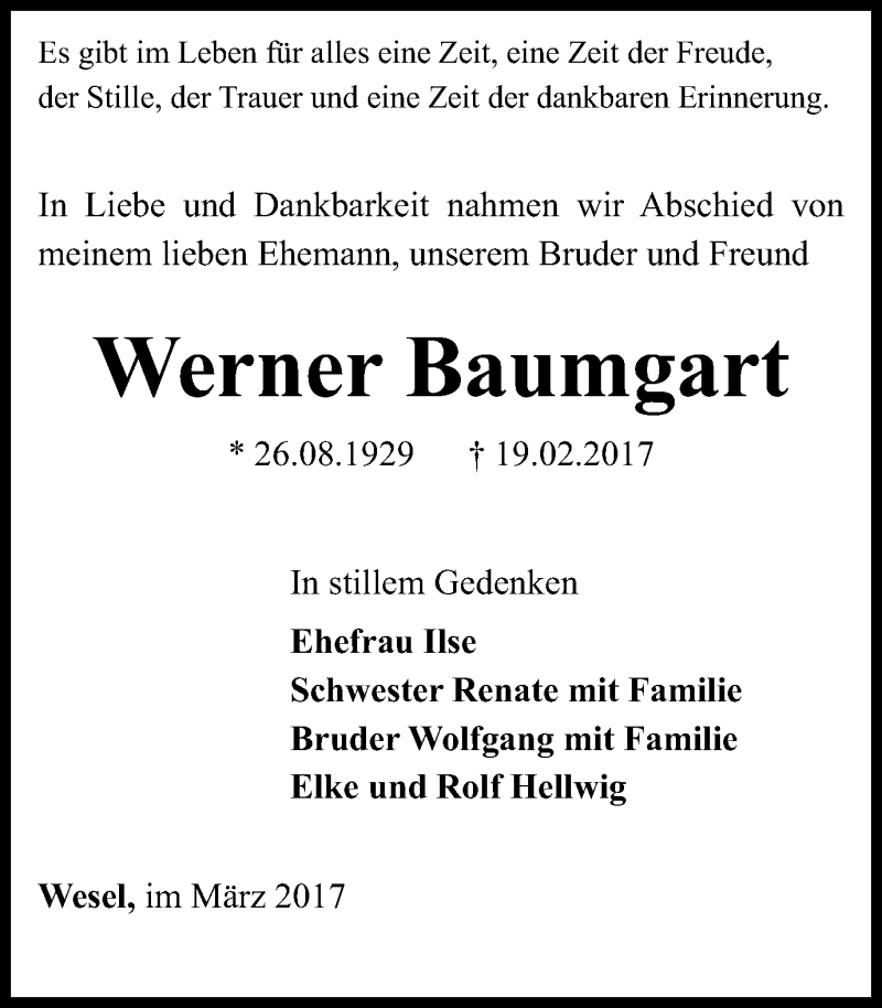  Traueranzeige für Werner Baumgart vom 29.03.2017 aus Der Weseler + Der Xantener
