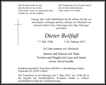 Traueranzeige von Dieter Beilfuß von Stadtanzeiger Velbert + Heiligenhaus