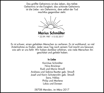 Traueranzeige von Marius Schmölter von Stadtspiegel Menden + Froendenberg