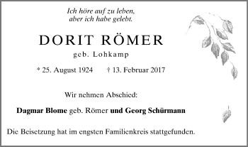Traueranzeige von Dorit Römer von Stadtspiegel Hattingen/Niedersprockhövel