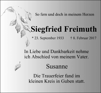 Traueranzeige von Siegfried Freimuth von Stadtanzeiger Velbert + Heiligenhaus
