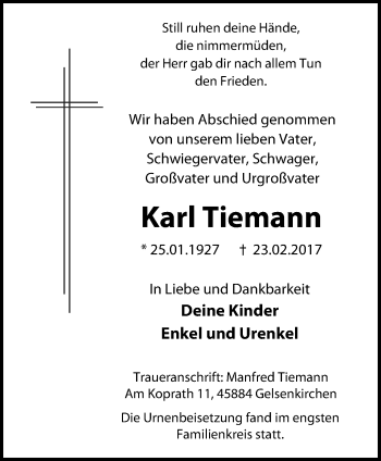 Traueranzeige von Karl Tiemann von Stadtspiegel Gelsenkirchen