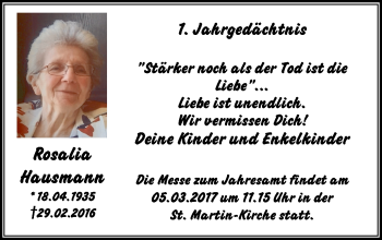 Traueranzeige von Rosalia Hausmann von Wochen-Anzeiger Langenfeld/Monheim/Hilden