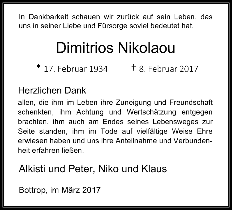  Traueranzeige für Dimitrios Nikolaou vom 18.03.2017 aus Stadtspiegel Bottrop