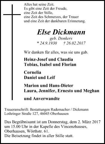 Traueranzeige von Else Dickmann von Wochen-Anzeiger Oberhausen