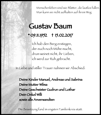 Traueranzeige von Gustav Baum von Stadtanz.Castrop-Rauxel