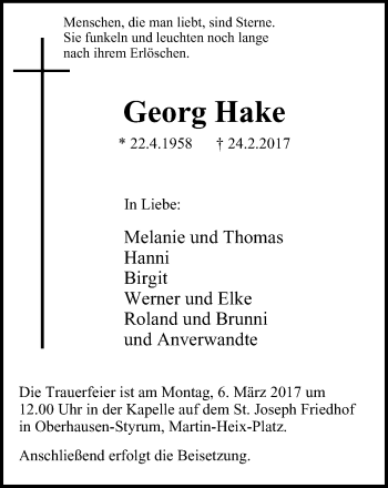 Traueranzeige von Georg Hake von Wochen-Anzeiger Oberhausen