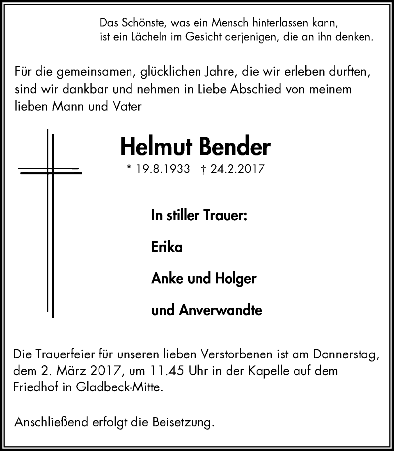  Traueranzeige für Helmut Bender vom 01.03.2017 aus Stadtspiegel Gladbeck