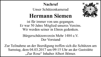 Traueranzeige von Hermann Siemen von Stadtanzeiger Emmerich/Rees/Isselburg + Klever Wochenblatt