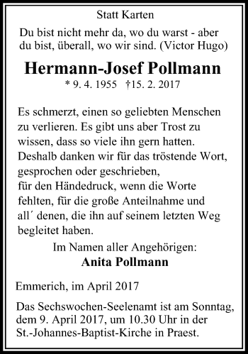 Traueranzeige von Hermann-Josef Pollmann von Stadtanzeiger Emmerich/Rees/Isselburg