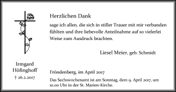 Traueranzeige von Irmgard Höfinghoff von Stadtspiegel Menden + Froendenberg