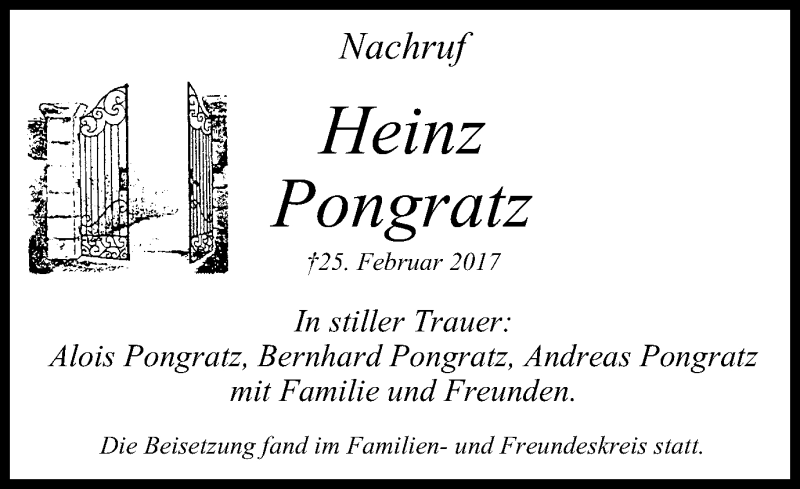  Traueranzeige für Heinz Pongratz vom 08.04.2017 aus Stadtspiegel Gelsenkirchen
