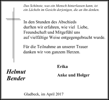 Traueranzeige von Helmut Bender von Stadtspiegel Gladbeck