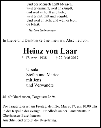 Traueranzeige von Heinz von Laar von Wochen-Anzeiger Oberhausen
