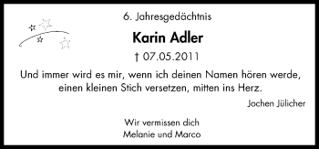 Traueranzeige von Karin Adler von Wochen-Anzeiger Oberhausen