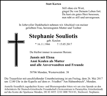 Traueranzeige von Stephanie Souliotis von Stadtspiegel Menden + Froendenberg