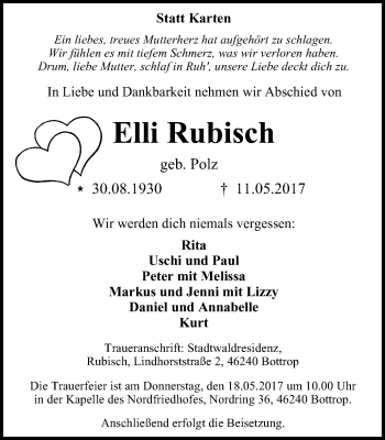 Traueranzeige von Elli Rubisch von Stadtspiegel Bottrop