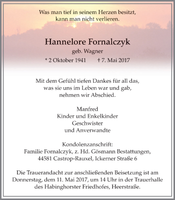 Traueranzeige von Hannelore Fornalczyk von Stadtanz.Castrop-Rauxel