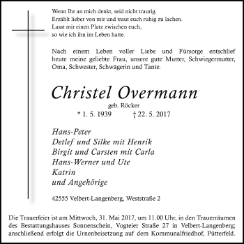 Traueranzeige von Christel Overmann von Stadtanzeiger Velbert + Heiligenhaus
