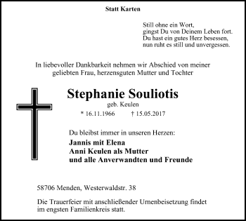 Traueranzeige von Stephanie Souliotis von Stadtspiegel Menden + Froendenberg