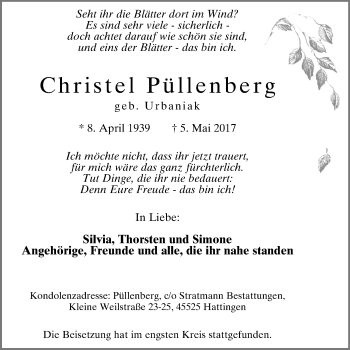 Traueranzeige von Christel Püllenberg von Stadtspiegel Bochum