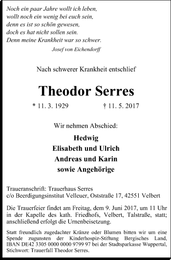 Traueranzeige von Theodor Serres von Stadtanzeiger Velbert + Heiligenhaus